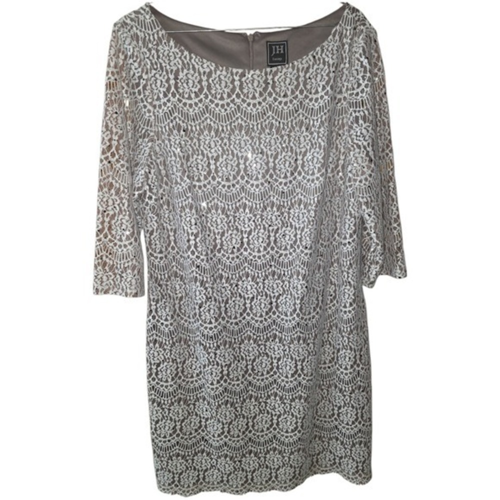JH Evenings Silver Lace Sequin Sheath Dress Size 18 3/4 Sleeve Formal Wedding
